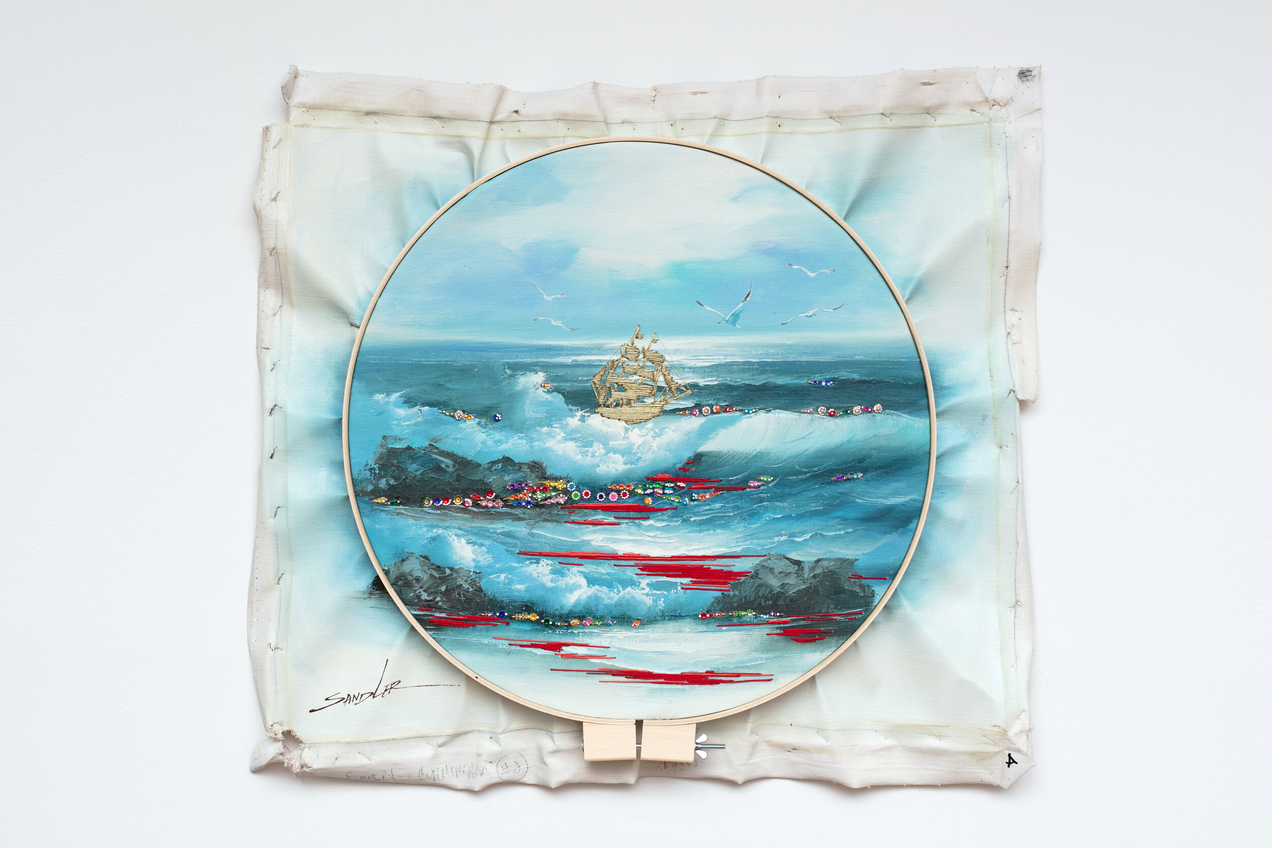 "the Atlantic deep," 2019, embroidery floss and bindis on found painting, 26" x 28"