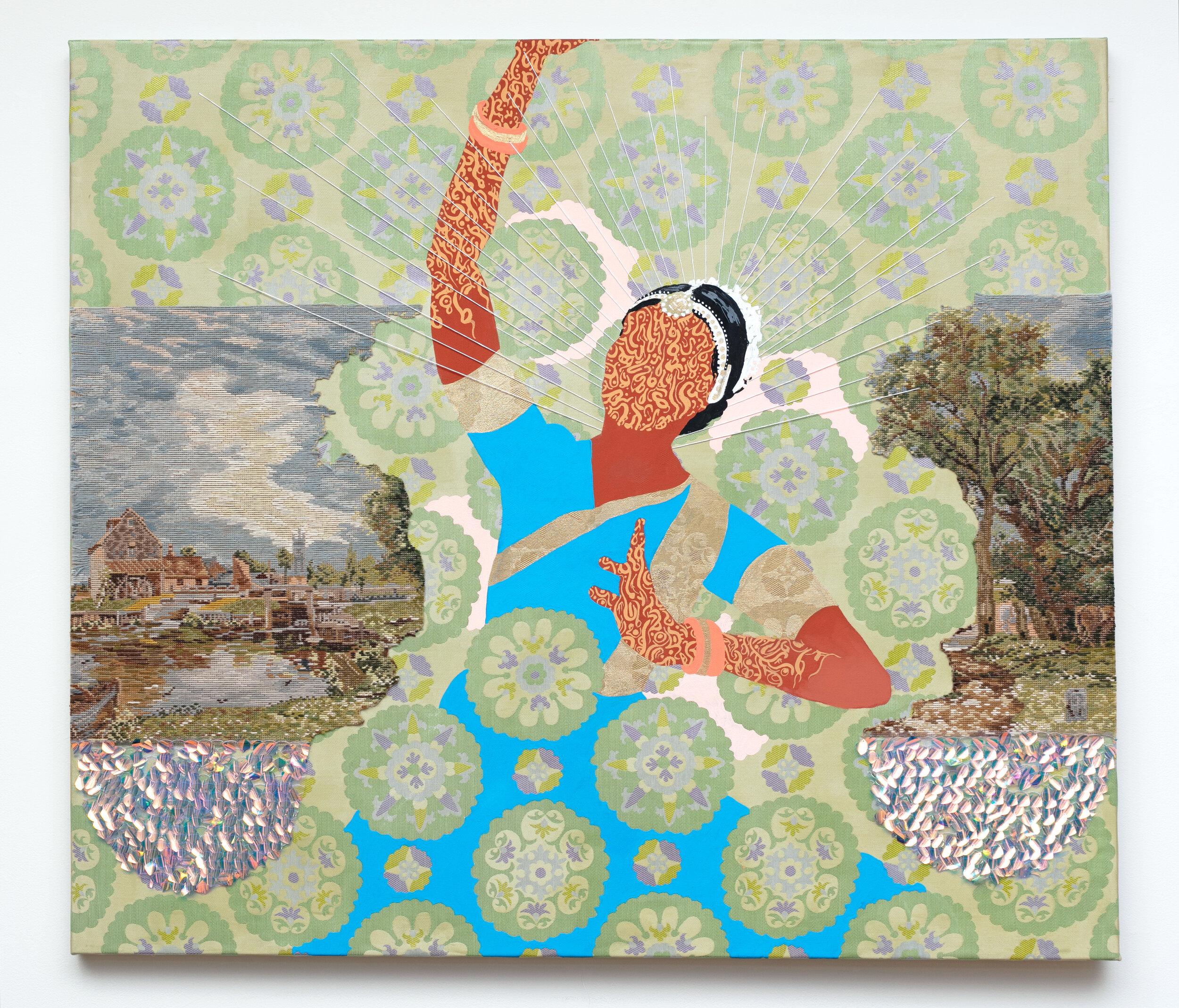 "Transient," 2020, acrylic, embroidery floss, found needlepoint, fiber, and vintage farbic, 40" x 48"