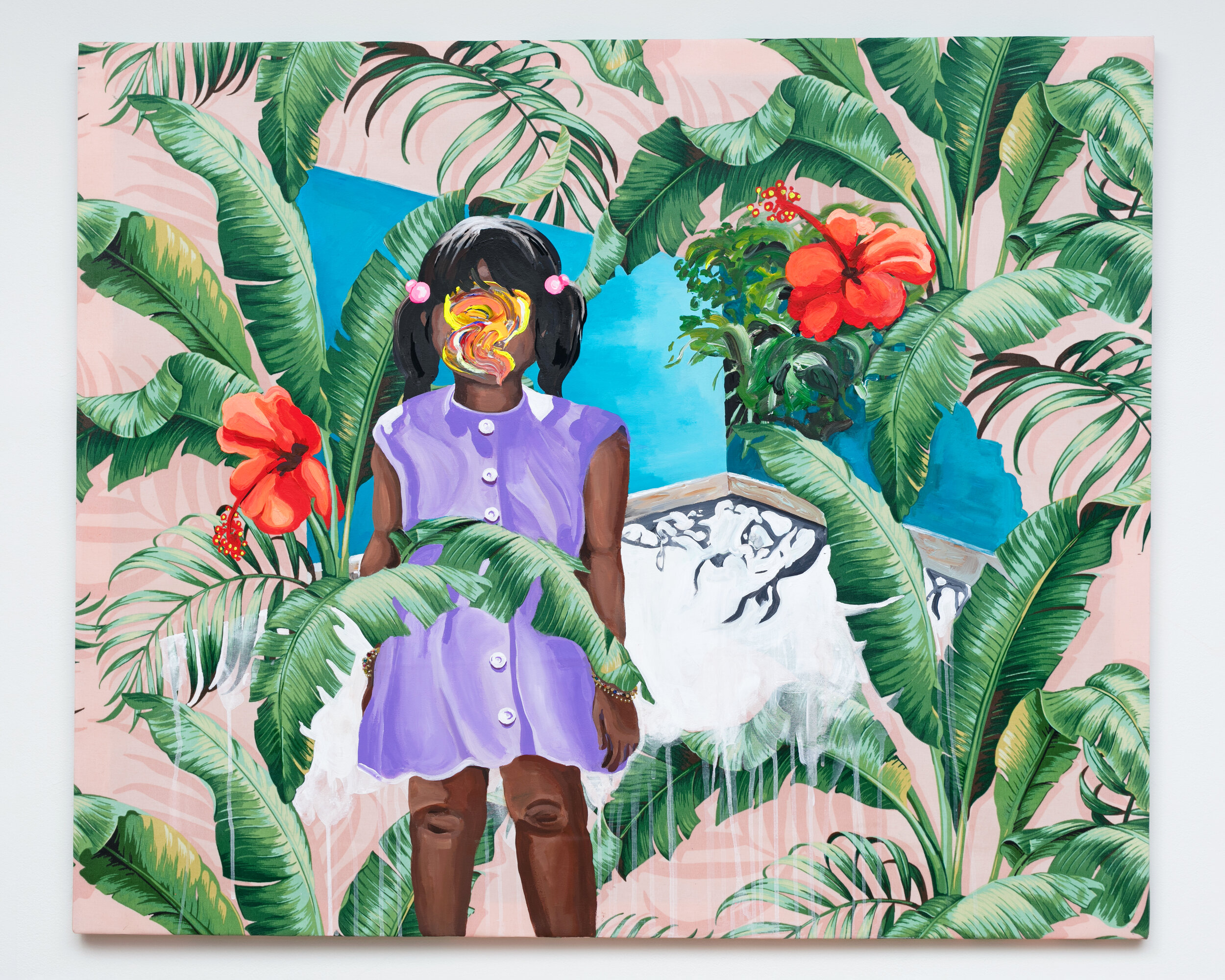 "Foreigner," 2019, acrylic on printed fabric, 40" x 48"