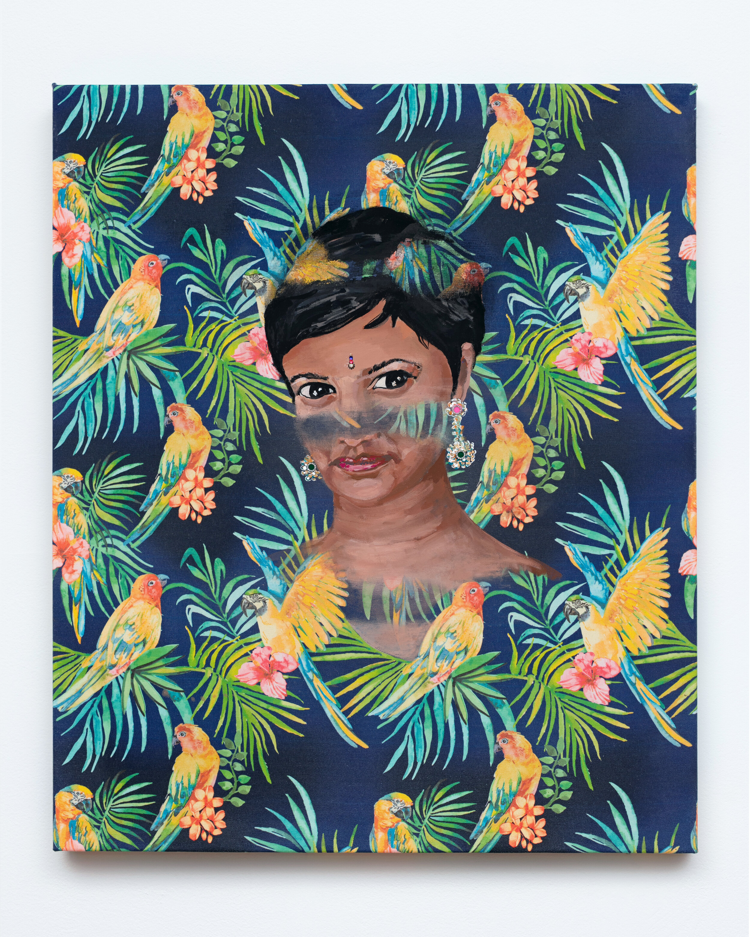 "invisible powers," 2020,gouache on printed fabric, 26" x 22"