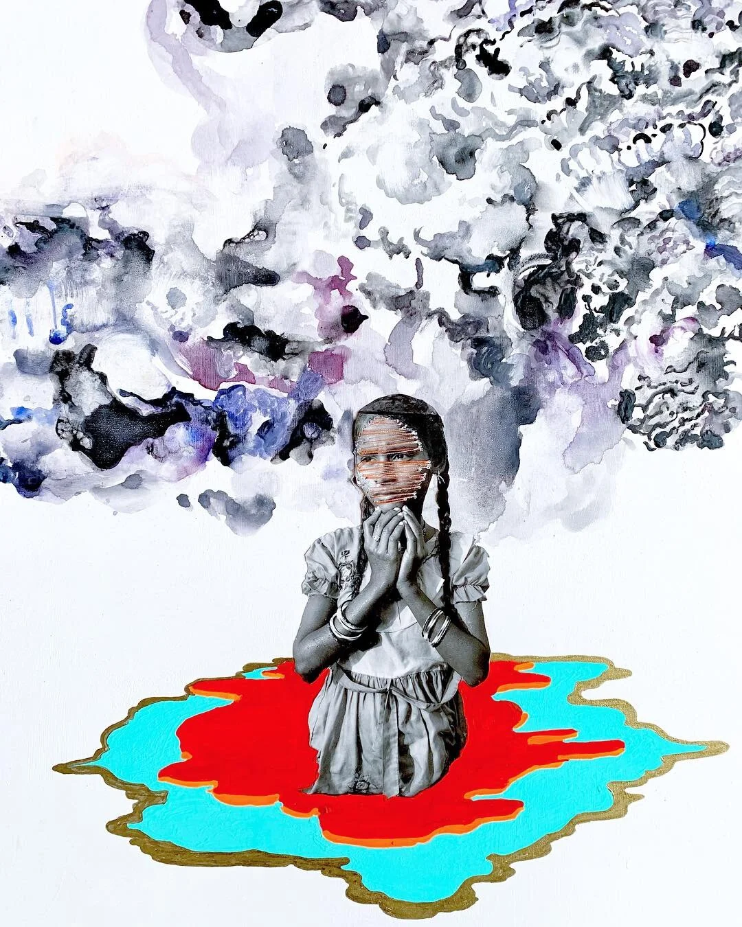 Gamga Ashes, 2019, watercolor, gouache, oil, and thread on book page, 30" x 24"