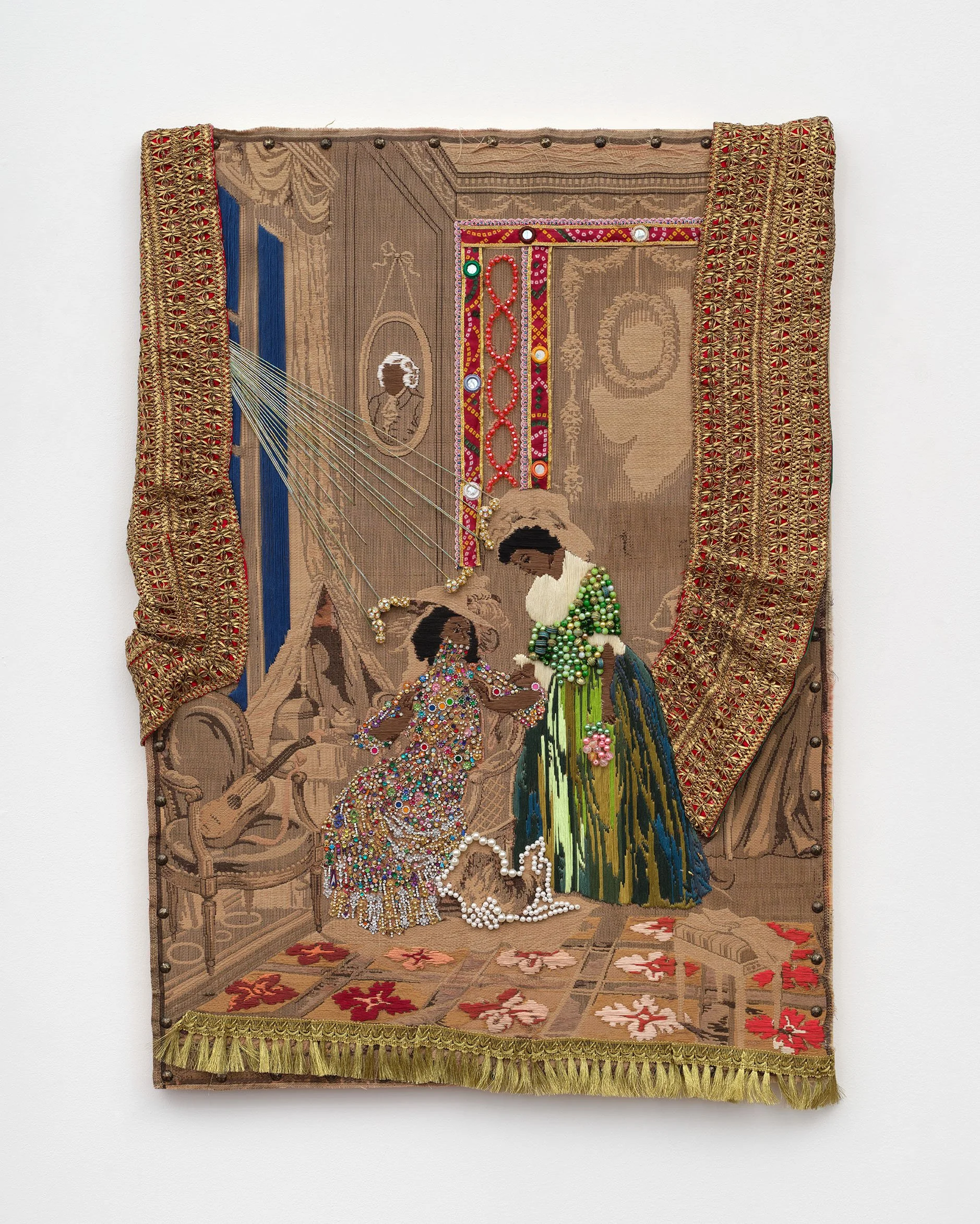 a gentle touch, 2024, embroidery floss, beads, trim, saris fragment, and bindis on found tapestry