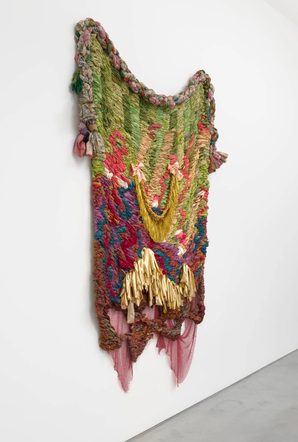 Mother Earth, 2023, woven vintage saris, fabric, beaded netted cloth, and cord, 110" x 68"