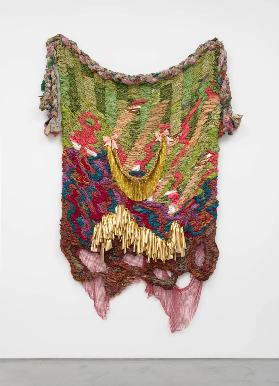 Mother Earth, 2023, woven vintage saris, fabric, beaded cloth, and cord, 110"x 68"
