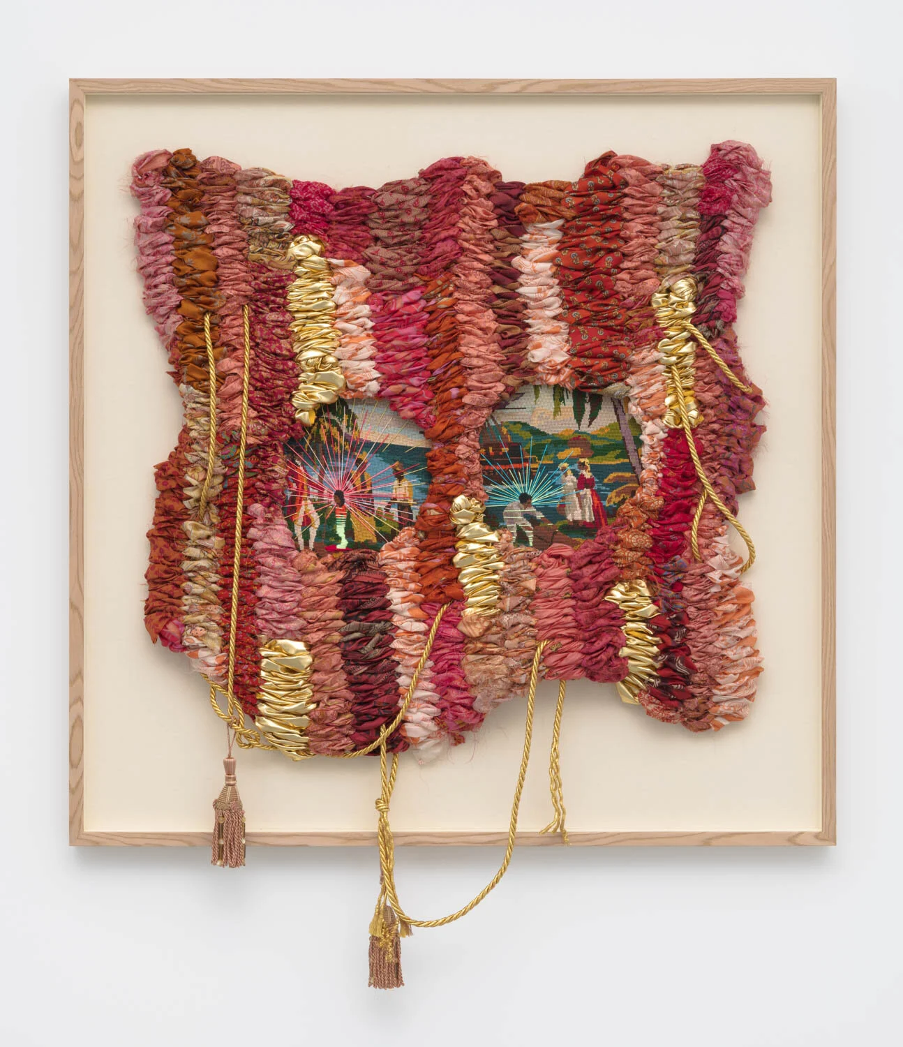 castaways, 2023, embroidery floss on found needlepoint, cord, vintage saris, and tassels, 54" x 60"