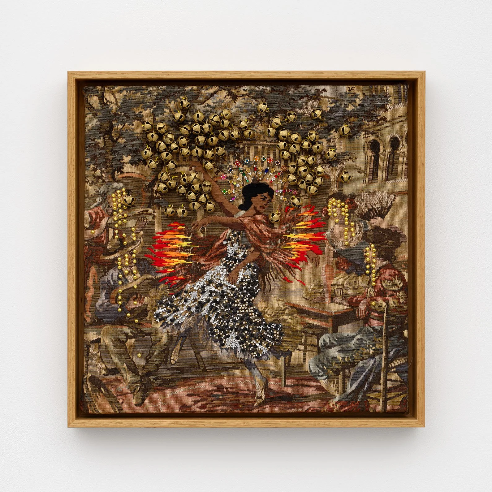 empath, 2024, embroidery floss, ghungroo bells, bindis, and appliques on found tapestry fragment