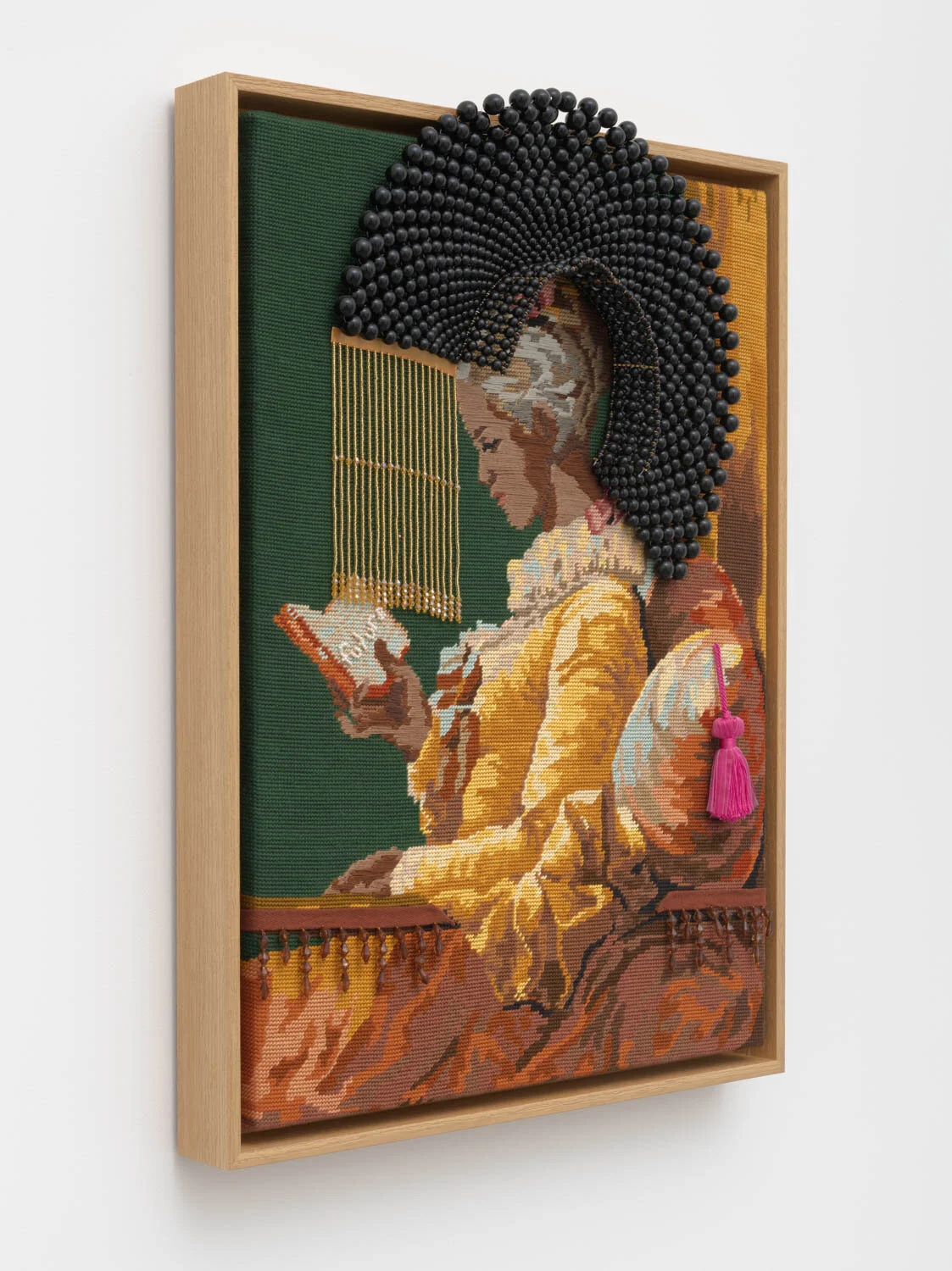 future perfect, 2023, embroidery floss, found objects, freshwater pearls, and trim on vintage needlepoint, 25"x 19"