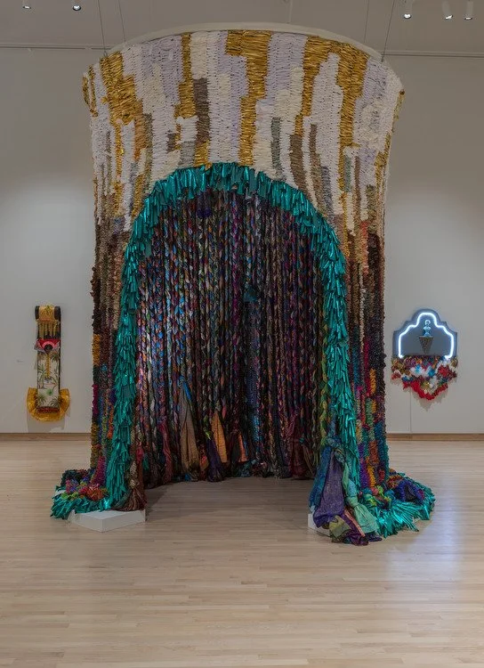 Siren Song, 2022, vintage saris, fabric, video of the Atlantic Ocean taken by me while crossing the middle passage