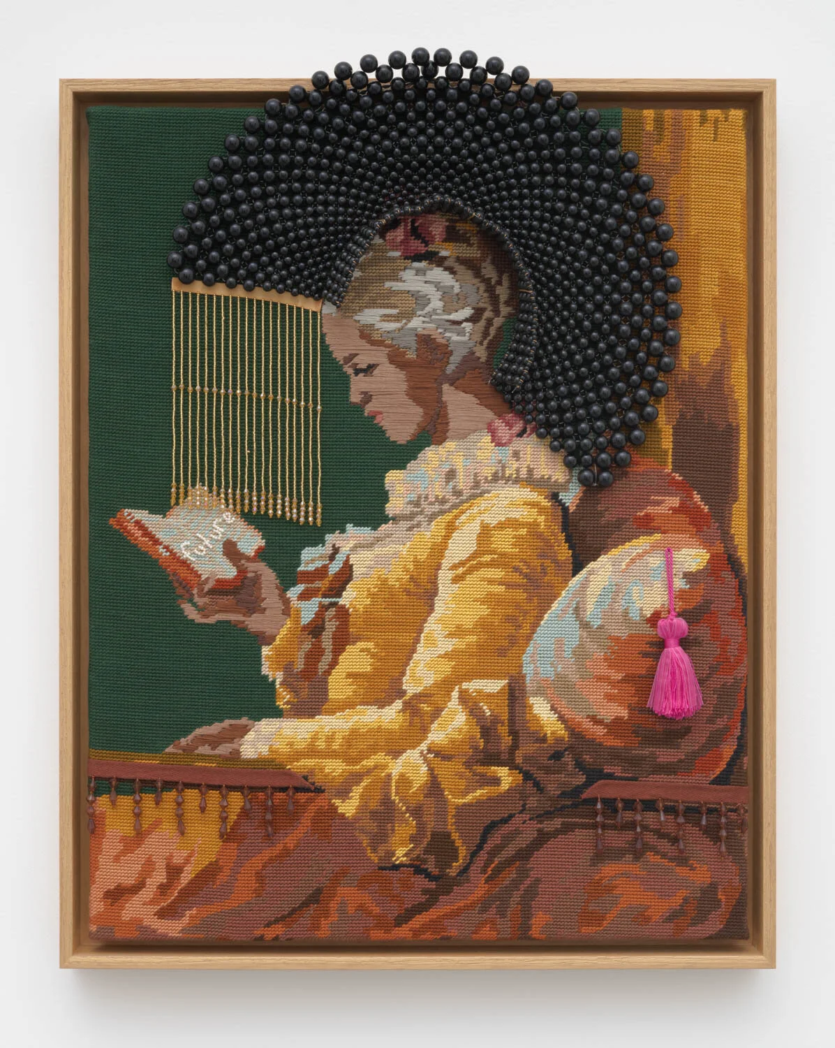 future perfect, 2023, pearls, beaded necklace, trim, and tassel on vintage needlepoint, 25" x 19"