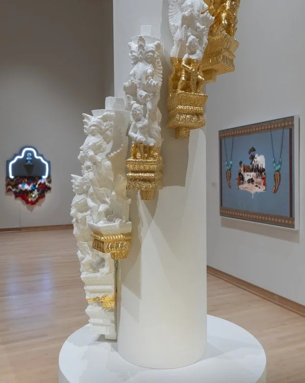 a yakshi trance, 2022, gold leaf and 3-d printed vintage yakshi sculpture replicas