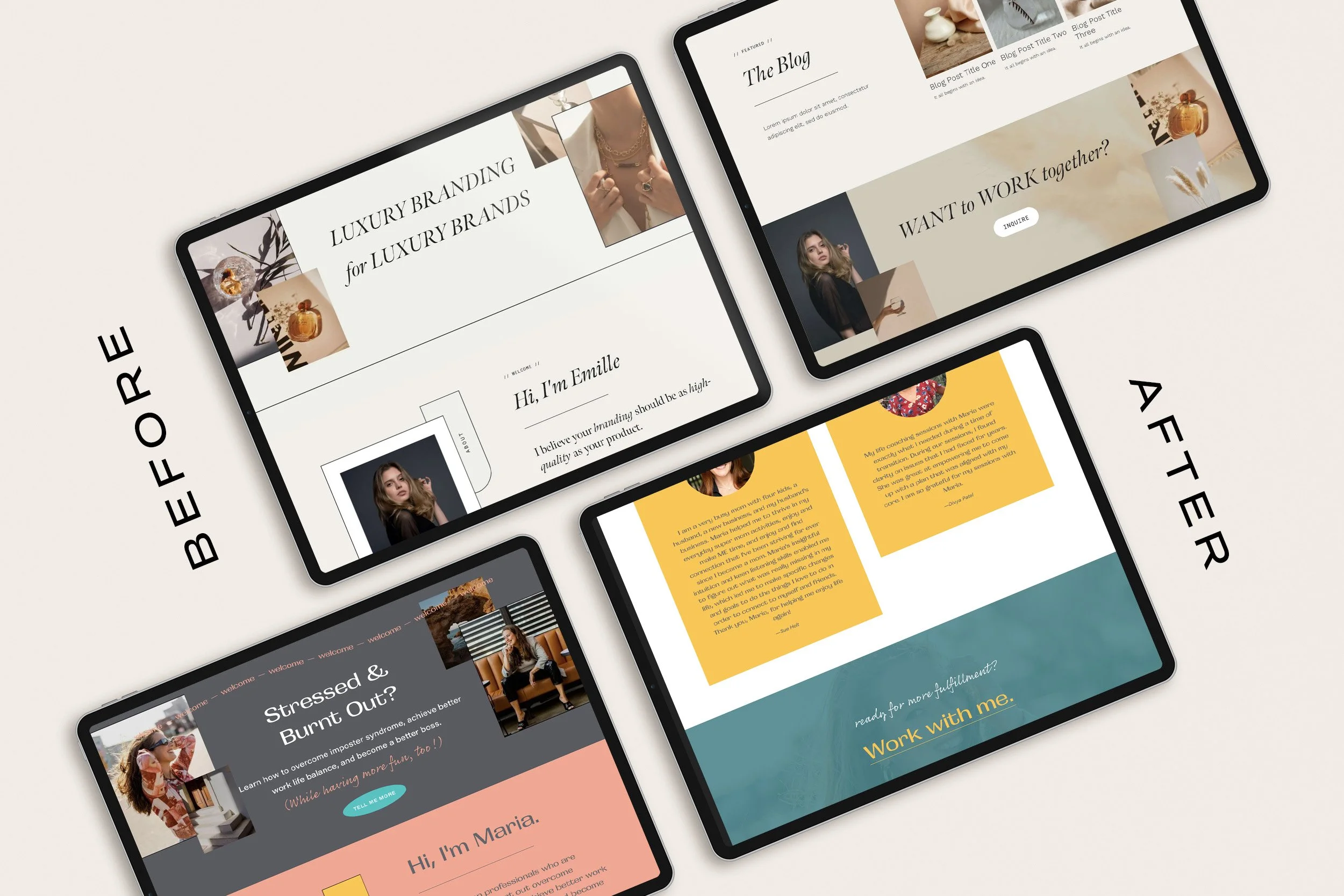 Comparison of website designs on tablets labeled 'Before' and 'After.' The 'Before' side features a luxury branding website with a minimalist style, while the 'After' side showcases a colorful, text-heavy layout emphasizing stress relief and personal branding.