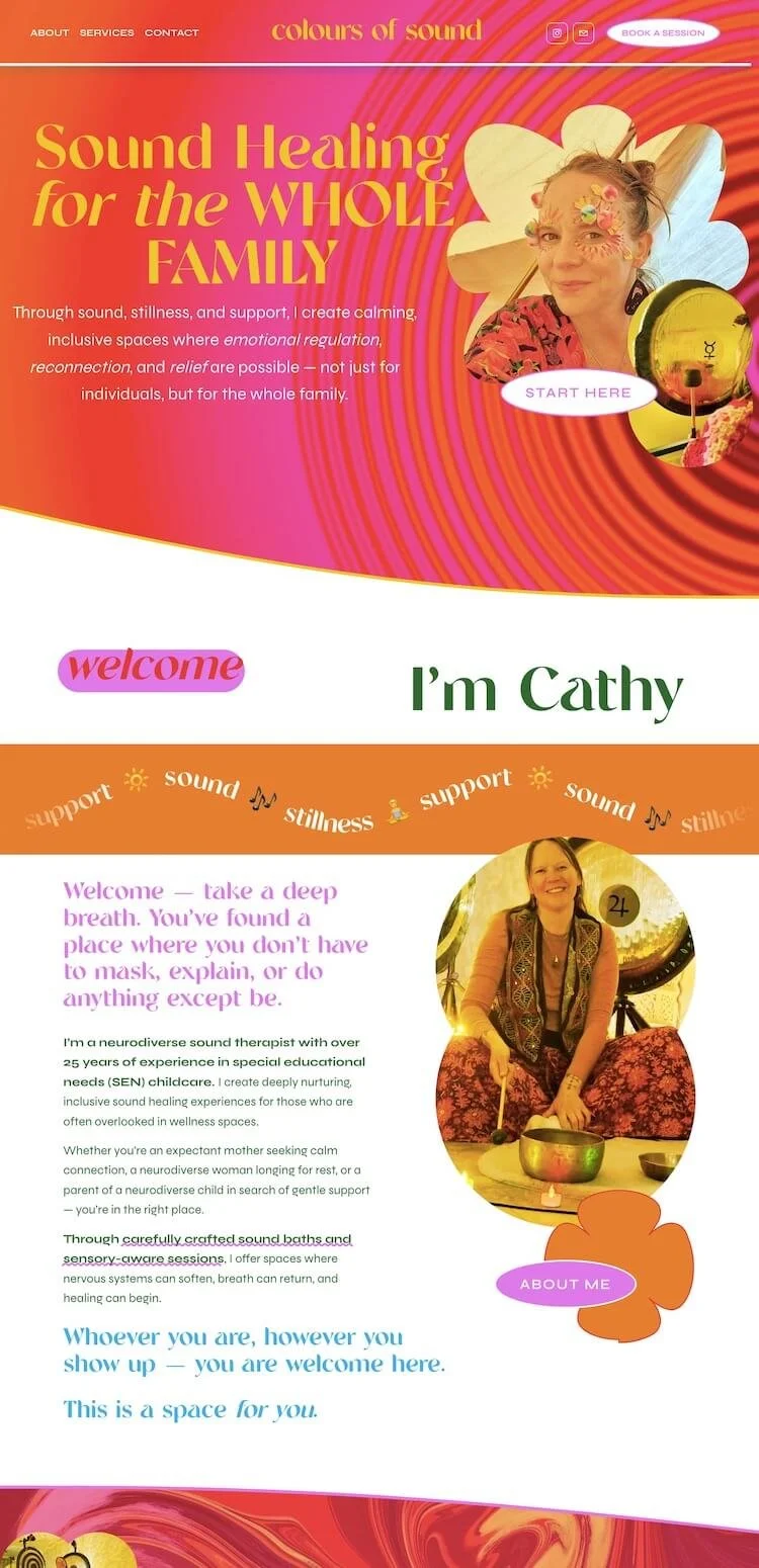 Colorful website homepage for 'Colours of Sound' sound healing services, featuring a woman with face paint inside a flower-shaped frame, and another woman smiling with sound bowls, text about calm, support, and sound healing.