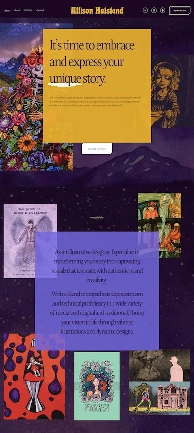 A website homepage for Studio Cosmic Eye features a black and white photo of a woman sitting, with additional text and colorful design elements promoting coaching and reading services for personal development.