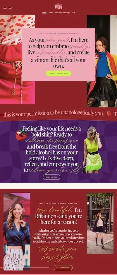 Colorful webpage with images of women, featuring encouraging health and lifestyle messages about embracing your true self, breaking free from societal norms, and living authentically.