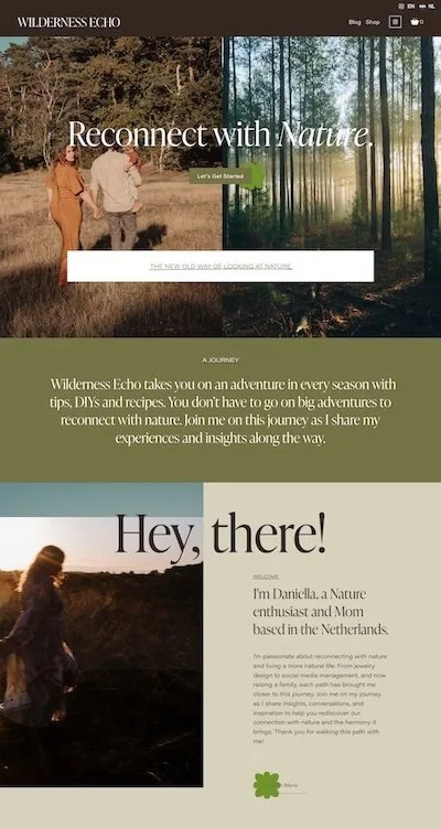 A website homepage for Wilderness Echo with a split background showing a forest on the right and two people walking in a wooded area on the left. The text reads 'Reconnect with Nature,' and buttons for getting started. There is a section with a welcome message from Daniella, a nature enthusiast from the Netherlands.