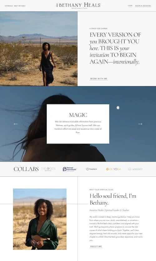 Website homepage for Bethany Heals, featuring images of a woman in a desert landscape, with inspirational text and sections about her work and a personal greeting.