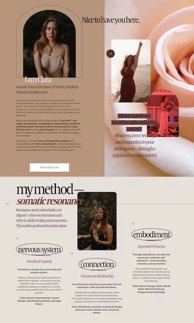 A digital collage featuring a woman named Clara with a serene expression, a smaller photo of her raising her arm at the beach, and a large pink rose. Text includes references to therapy, emotional resonance, and inner connection, with phrases like 'My method — somatic resonance' and 'embodiment'.