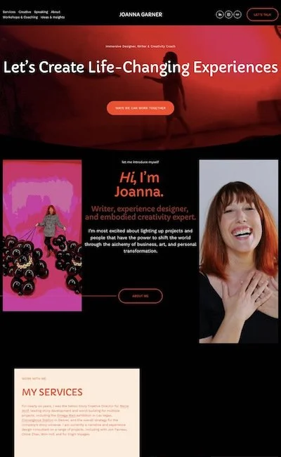 Website homepage for Joanna Garner, a designer and creativity coach, featuring images of the designer, a dance performance, and creative objects, with bold text introducing her services and personal branding.