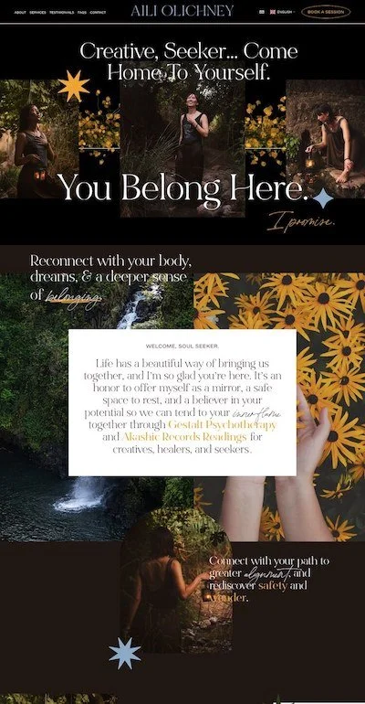 Website homepage for a spiritual or therapy service by Aili Olichney, featuring images of women in nature, floral patterns, and text promoting self-discovery, reconnecting with oneself, and therapy services such as Gestalt Psychotherapy and Akashic Records Readings.