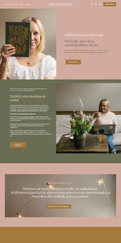 SEO content creation website showing a woman holding a decorative book, offering content and SEO services. Features text about impactful content and mission-driven businesses. Includes contact buttons and images of the woman working on a laptop.