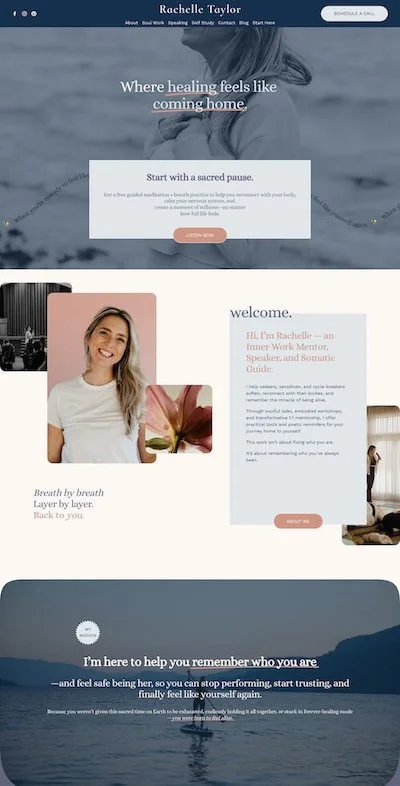 A website homepage for Rachelle Taylor, a soul work mentor and speaker. It features a serene background with a woman with long hair, a welcome message, and a navigation menu. The page promotes healing, breathing exercises, and self-trust.