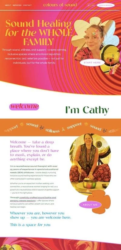 Colorful website homepage for 'Colours of Sound' sound healing services, featuring a woman with face paint inside a flower-shaped frame, and another woman smiling with sound bowls, text about calm, support, and sound healing.