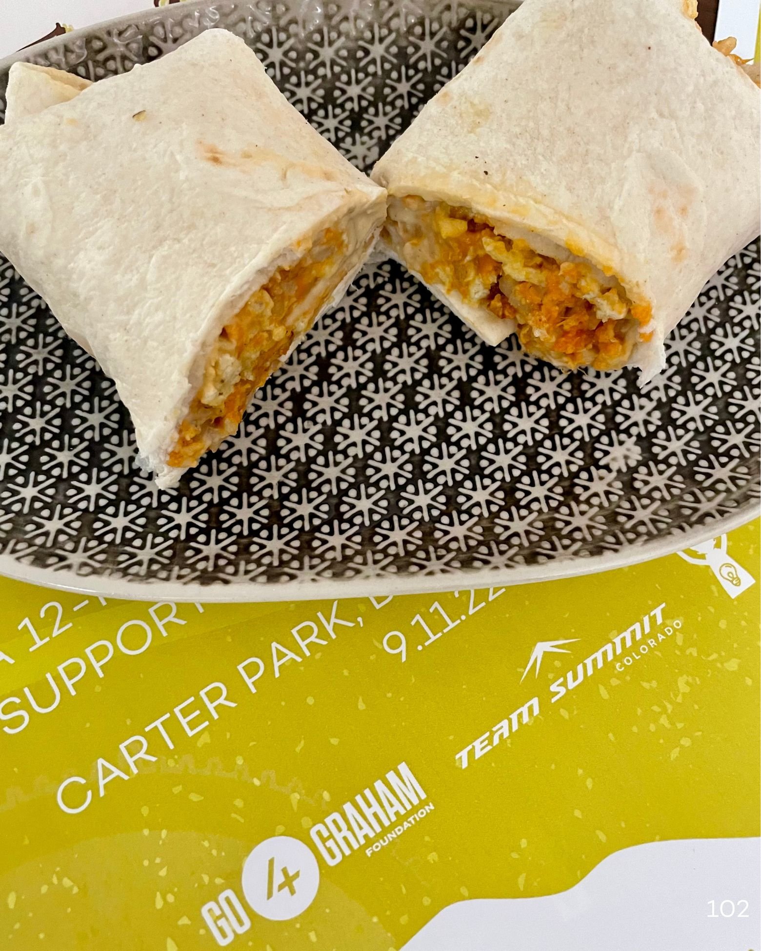 Sweet Potato, Rice and Egg Breakfast Burrito cut in half