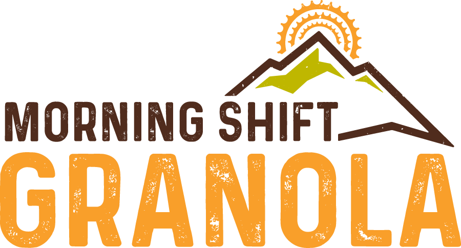 Logo with mountain, sun, and coffee cup, and text 'Morning Shift Granola' in bold letters.