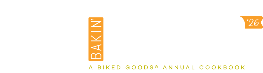 Logo for Bakin' Biker, a Baked Goods Annual Cookbook featuring a speedometer graphic, bold white text, and orange and black accents.