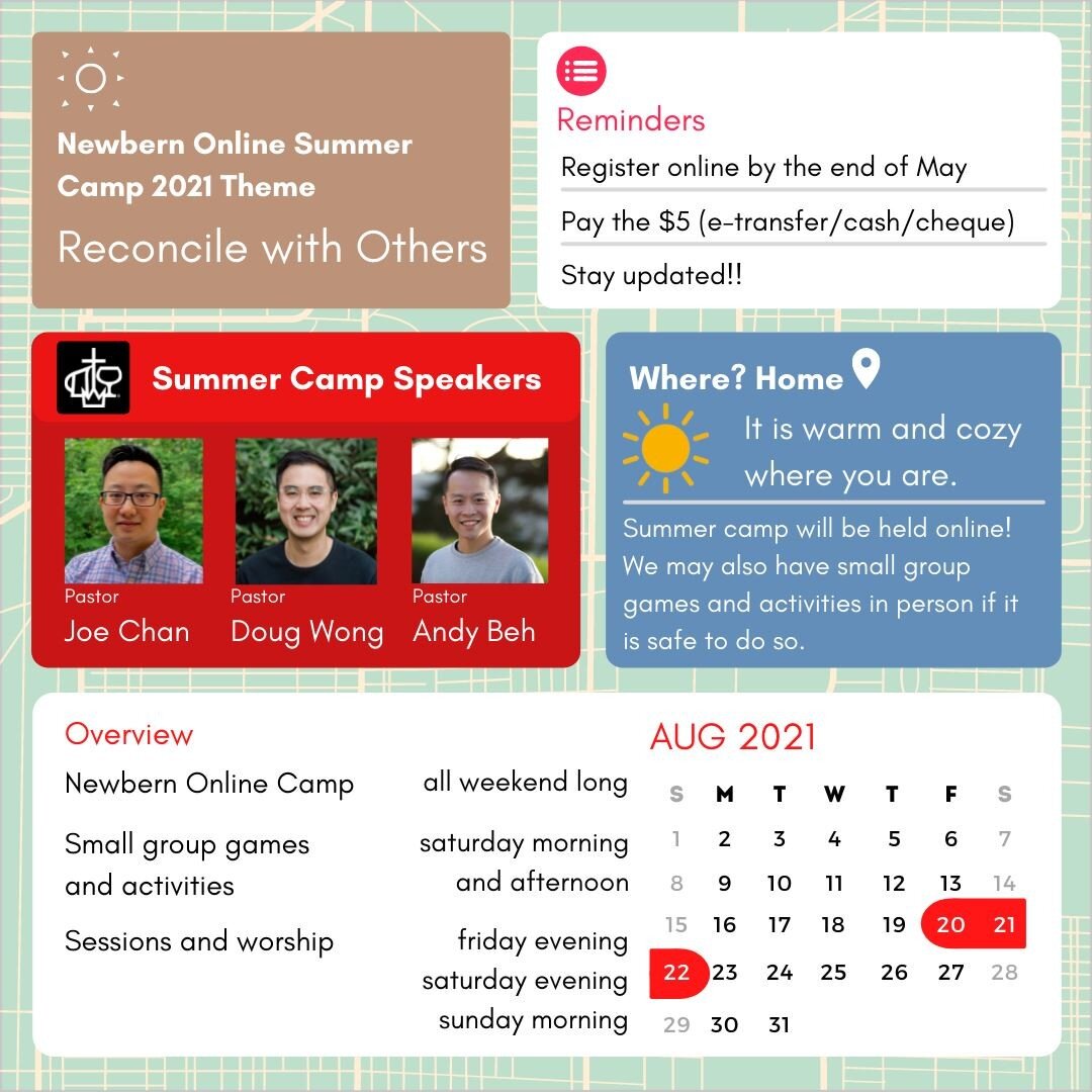 ICYMI, check out the exciting Summer Camp we have lined up for Aug. 20-22! Registration is well under way and we have all the information for you in this graphic! We hope you'll join us for our virtual and home-church styled Camp this summer!

To reg