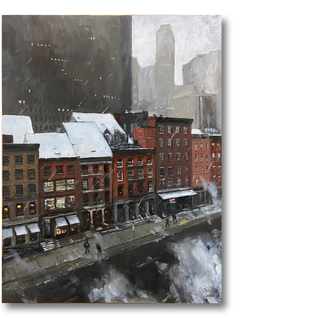 Wintry Water Street, 20" x 24" Oil on cradled wood panel. $1600