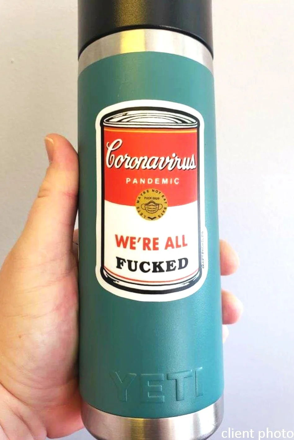 soup can sticker on water bottle canteen