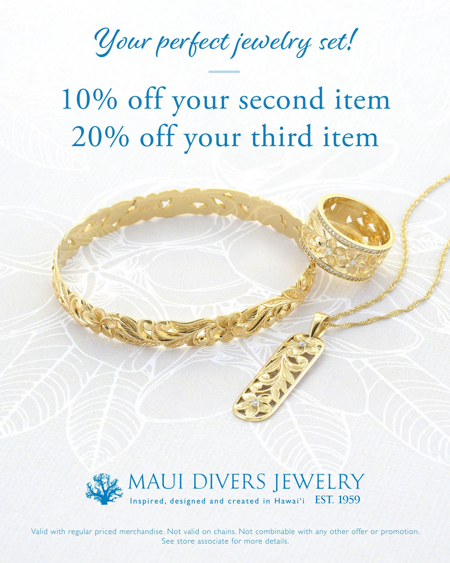 Advertisement for Maui Divers Jewelry featuring gold jewelry pieces, with text offering discounts of 10% on the second item and 20% on the third item.
