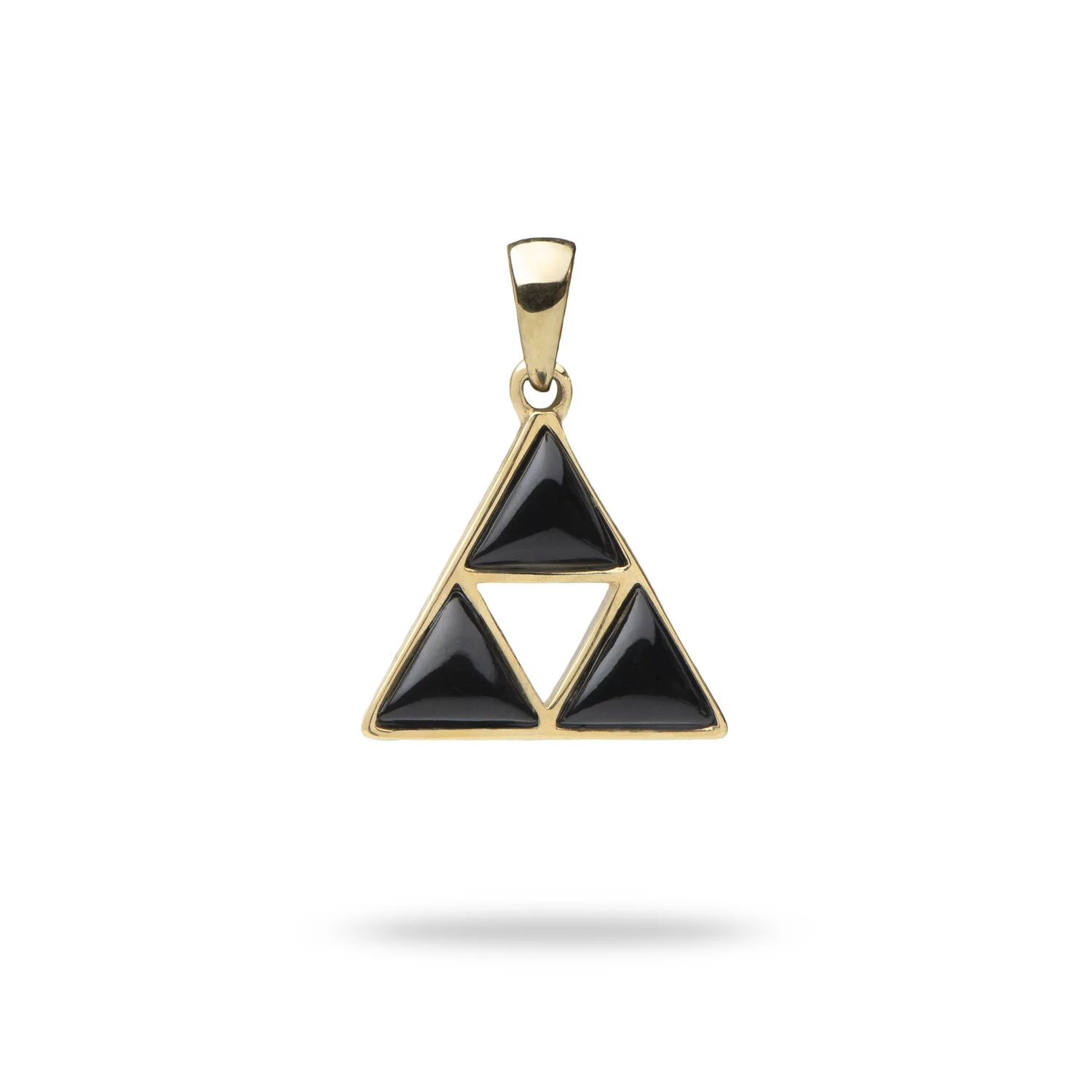 Gold pendant with black triangle-shaped stones arranged in a triangular pattern, suspended against a white background.