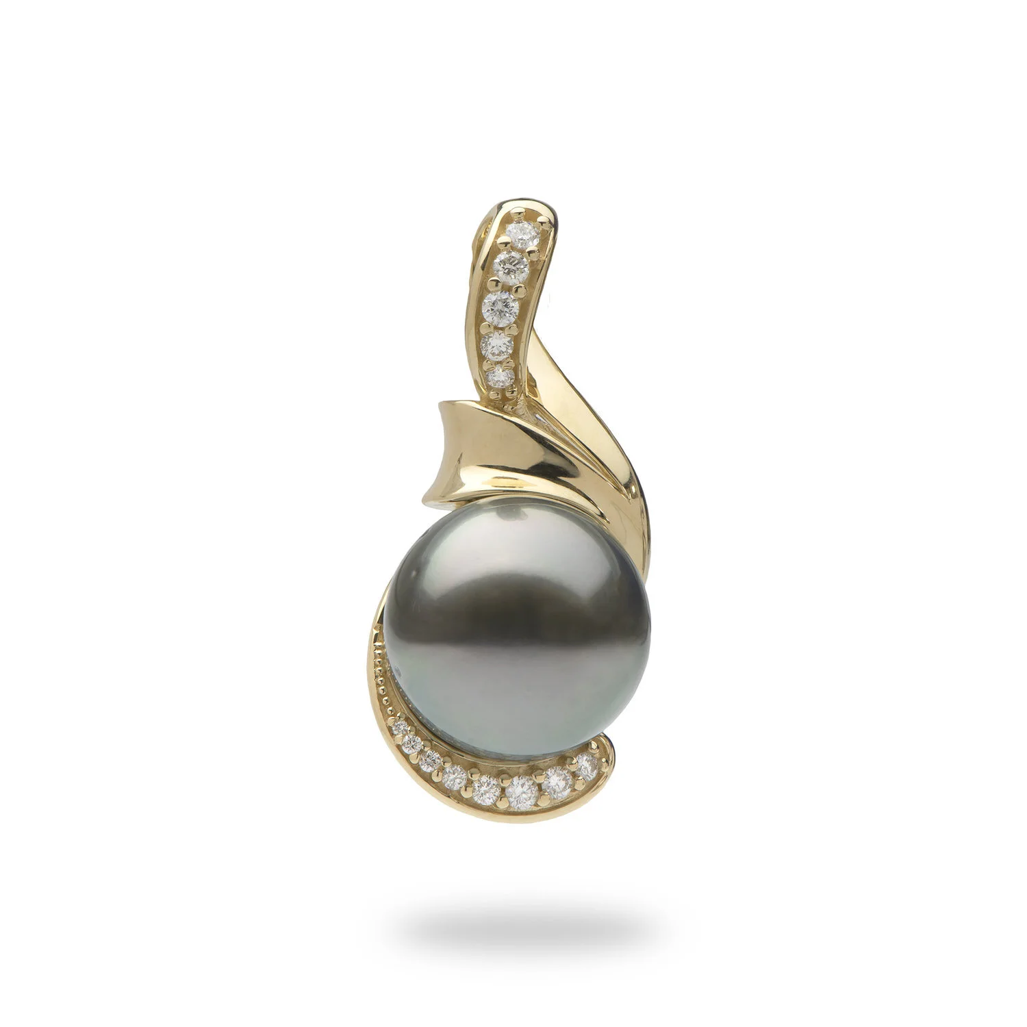 Gold pendant with a large black pearl and small diamonds