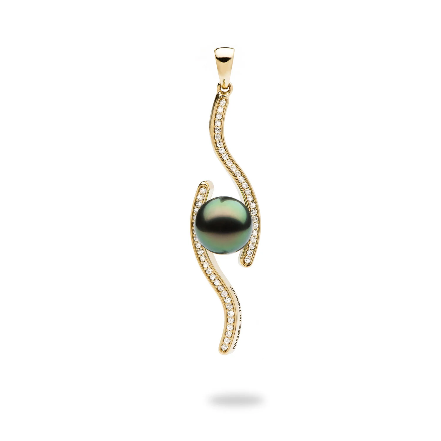Gold pendant with swirling design, embedded with small diamonds, featuring a large black pearl in the center.