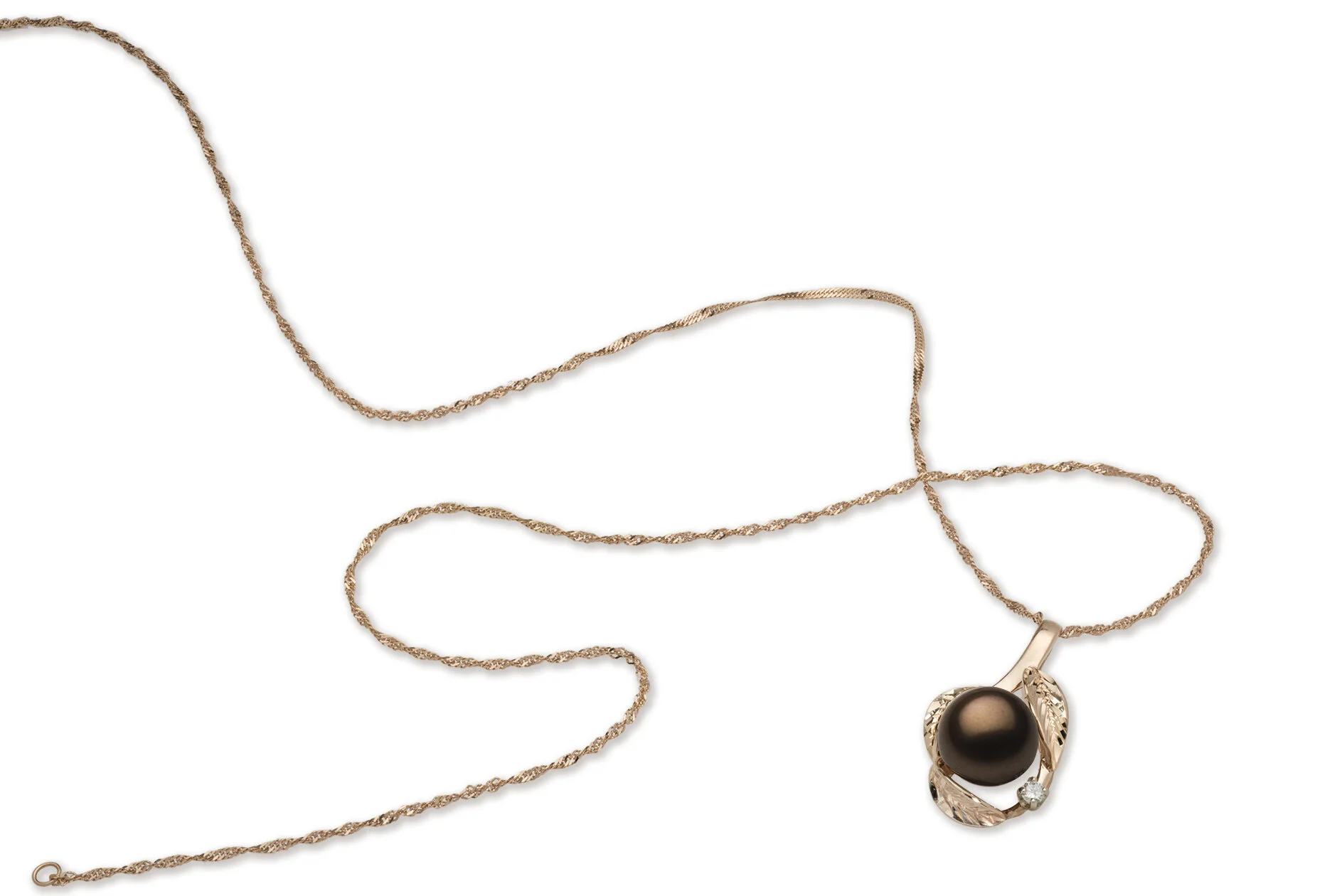 Gold necklace with a large black pearl pendant and a small diamond accent on a white background.