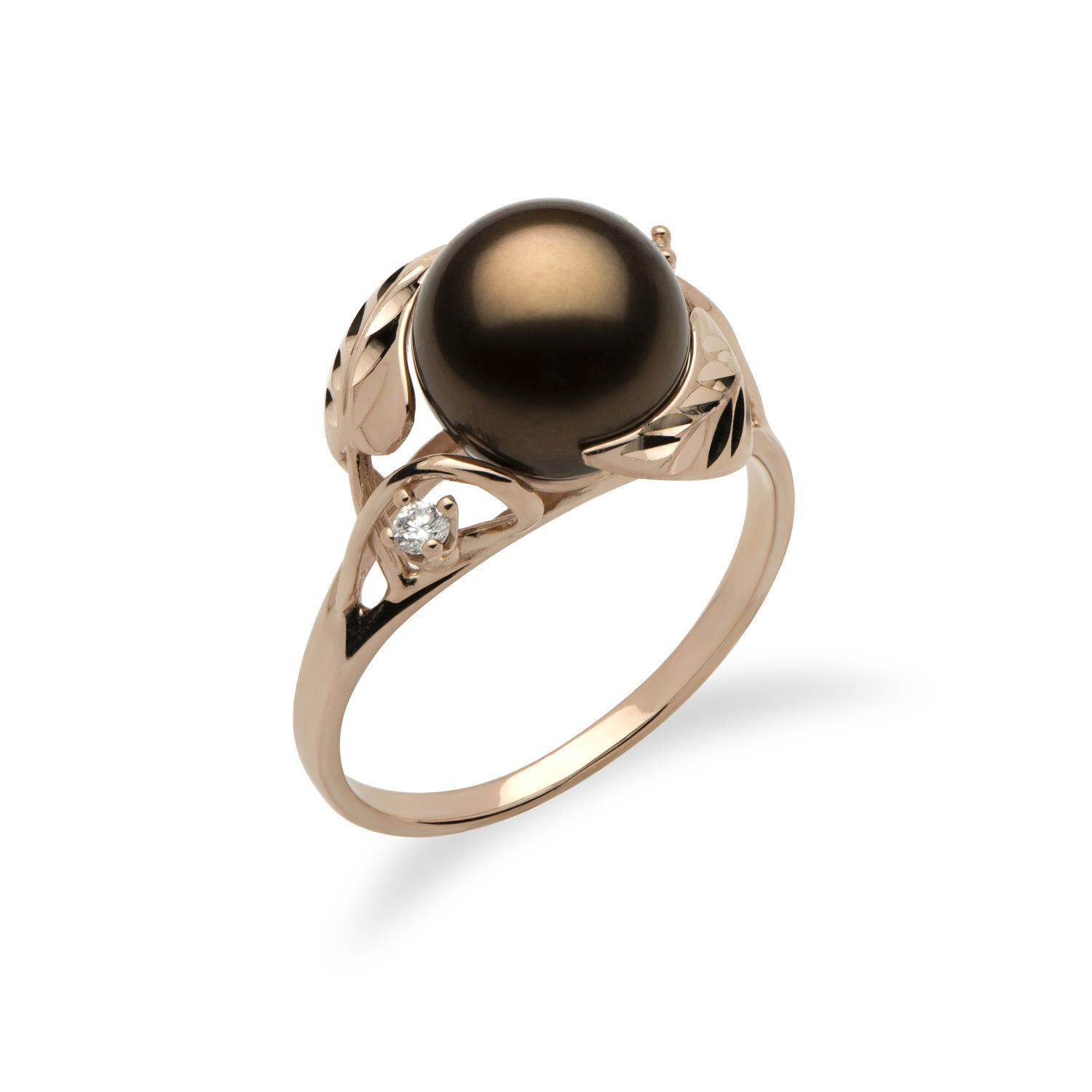 A gold ring with a large black pearl and small diamond accents.