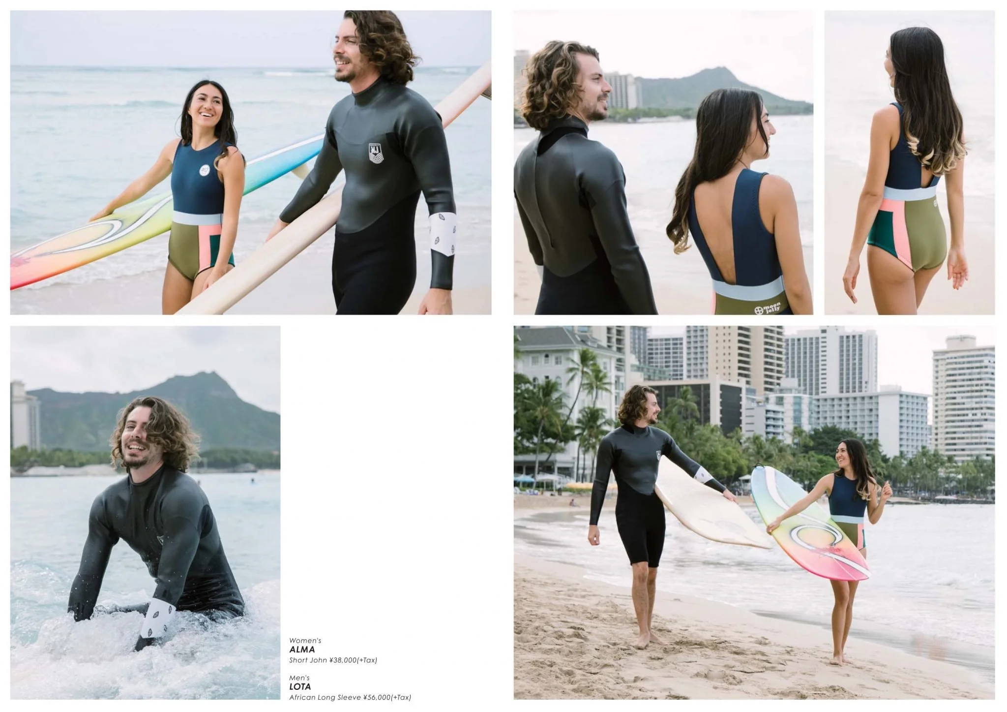 Two men and two women enjoying a day at the beach, holding surfboards, with city buildings and mountains in the background. The women are wearing colorful swimwear, and the men are in black wetsuits.