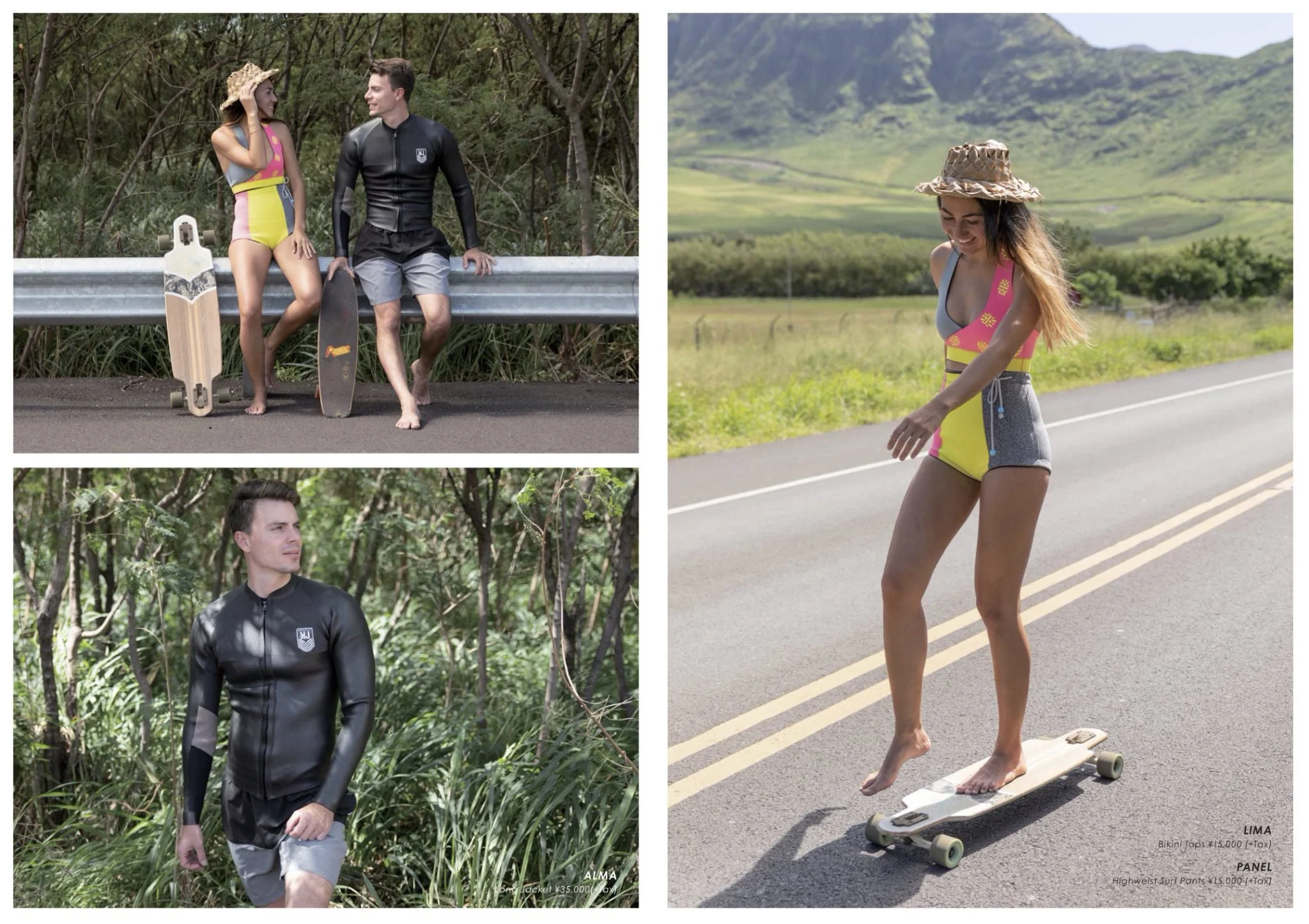 A collage of three photos of a woman and a man enjoying outdoor activities in a sunny, rural setting. The woman has long hair, is wearing a colorful swimsuit, a straw hat, and riding a longboard. In the top left, she is sitting on a guardrail with th
