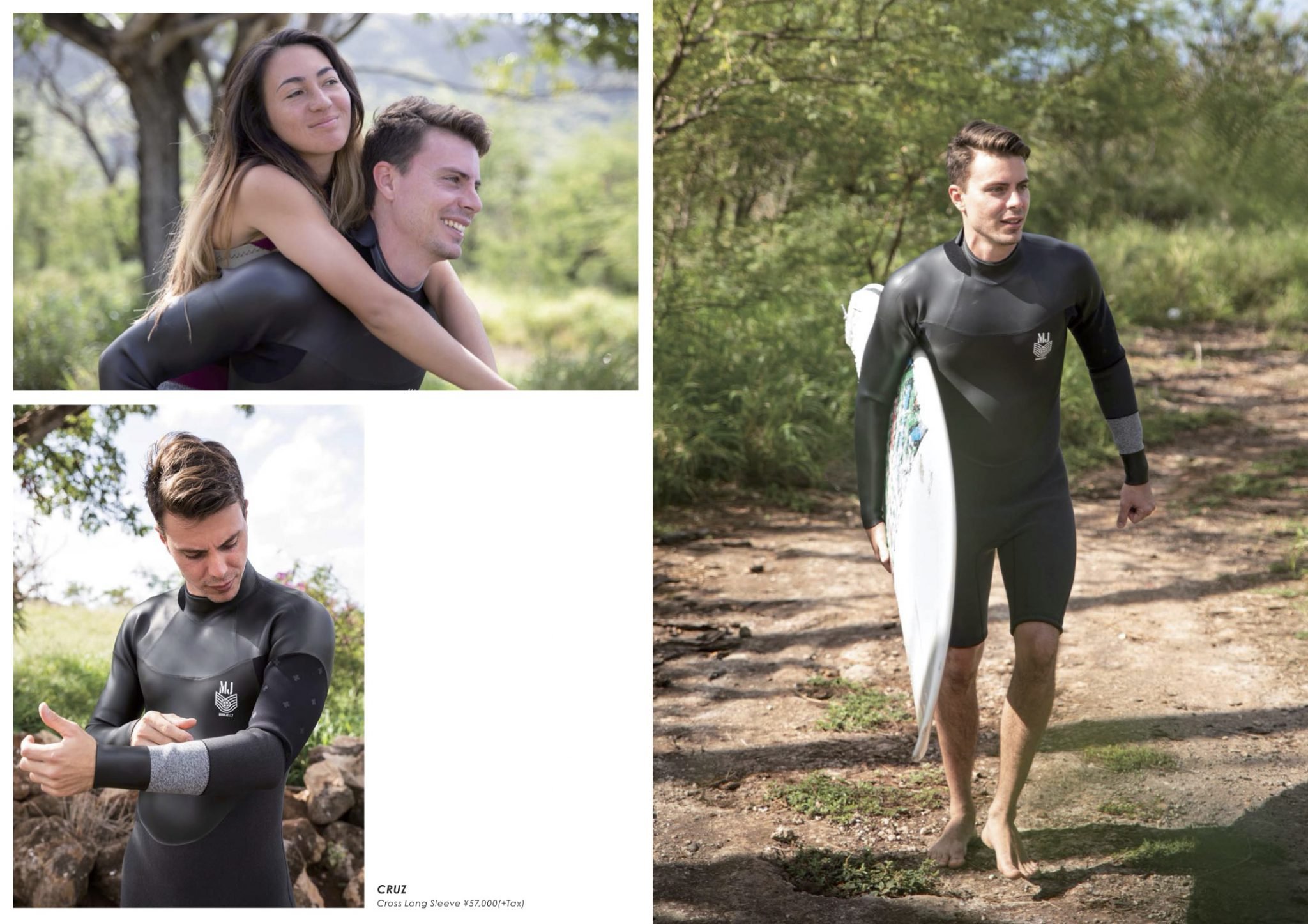 Collage of three images: Top left shows a woman and a man outdoors, with the woman on the man's back smiling; bottom left features a man adjusting his black rash guard with gray accents and a logo on the chest outdoors; right side depicts a man in a 