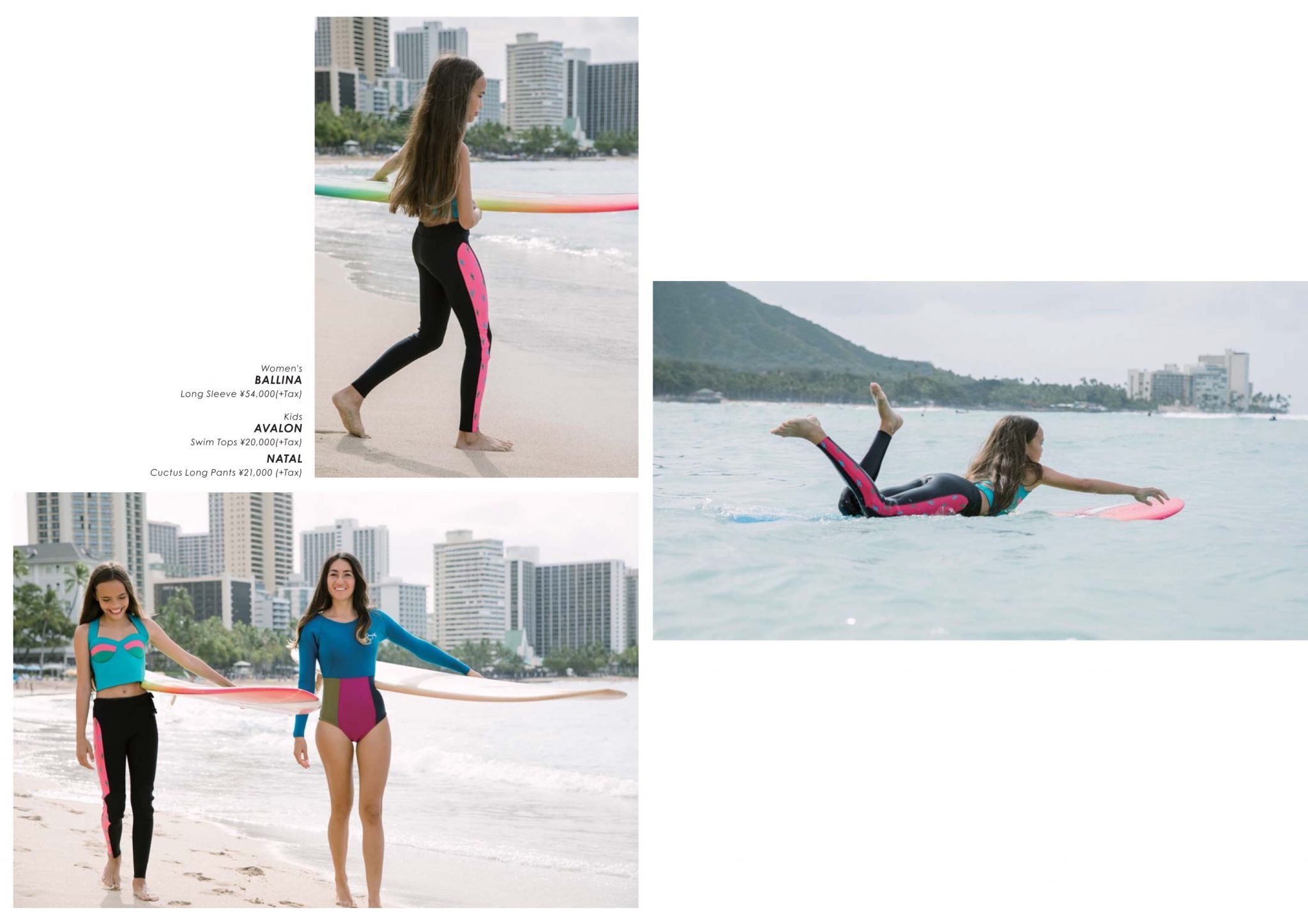 A collage of three photos showing women and girls in colorful swimwear at the beach, with high-rise buildings in the background. The top left image shows a girl carrying a surfboard on the sand, the bottom left image shows two women walking on the be