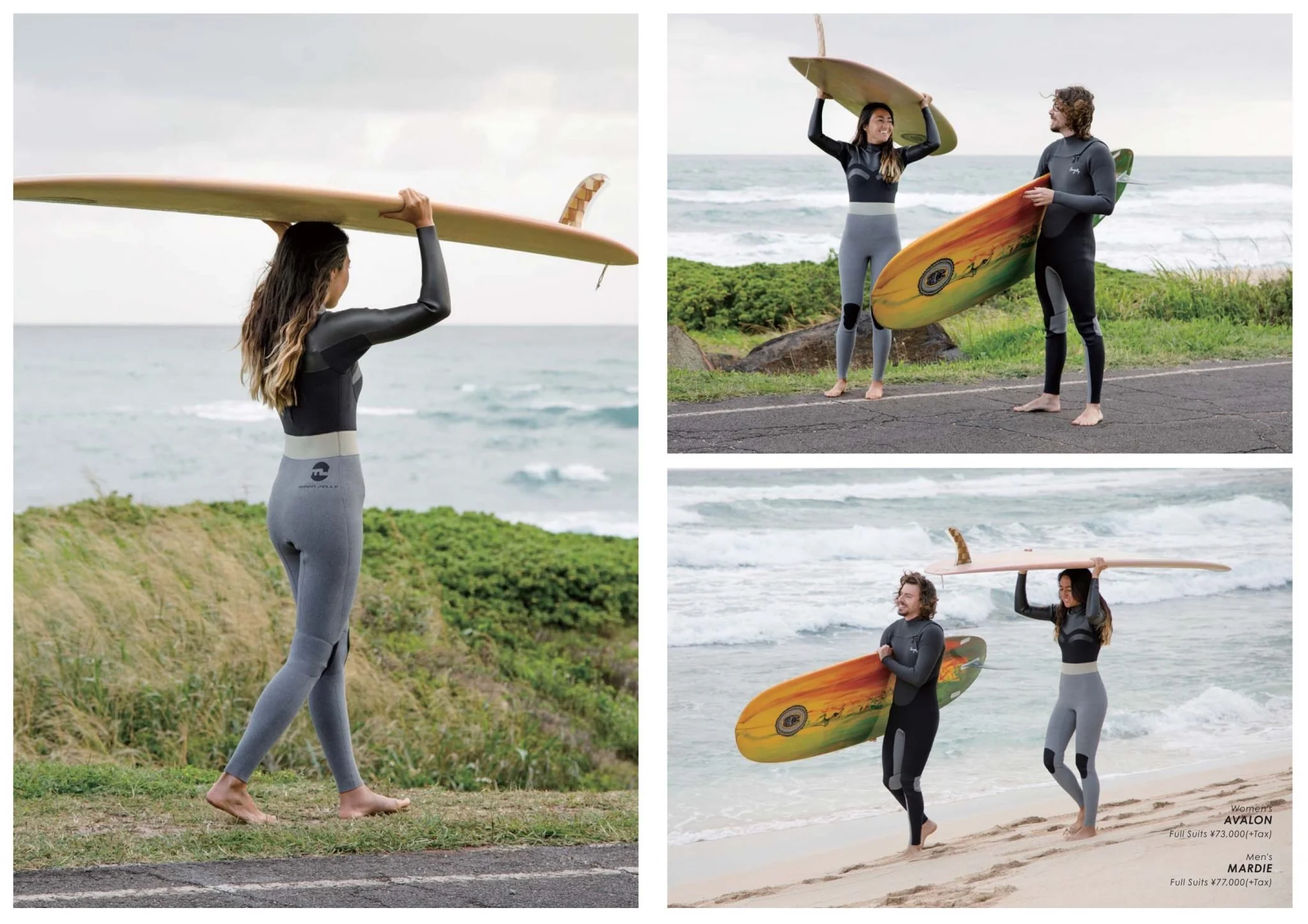 Women and man with surfing gear on a beach and near ocean, carrying surfboards, wearing wetsuits, with waves in the background.