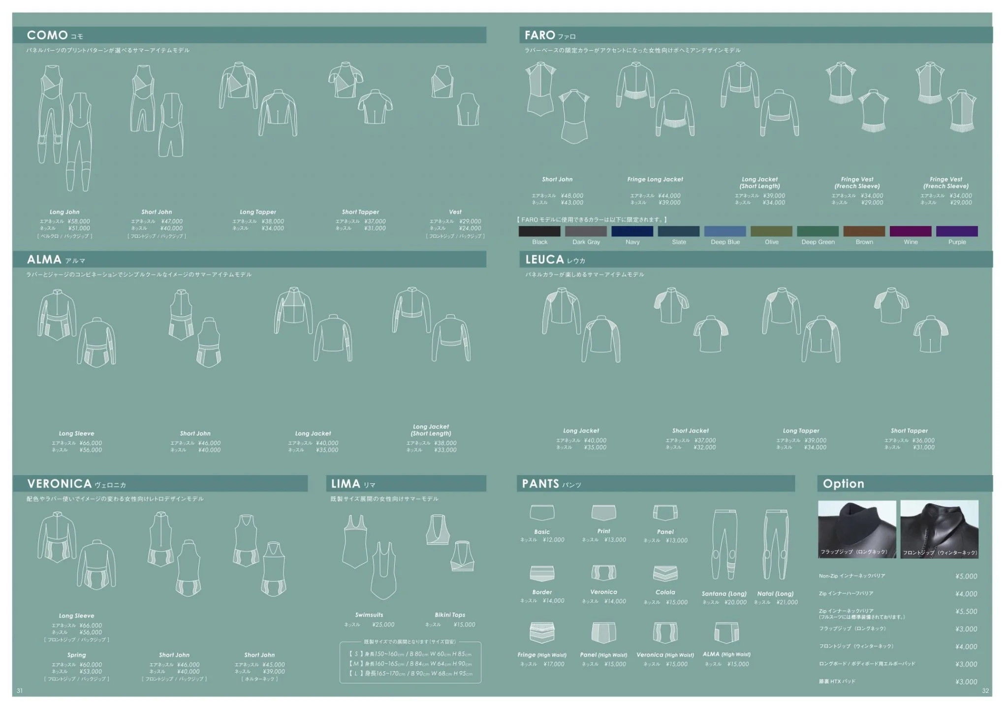 A catalog page displaying various sportswear items classified into categories: COMO, FARO, ALMA, LEUCA, VERONICA, LIMA, PANTS, and options for accessories including jackets, vests, and pants. Each item has its name and price listed below the outlines