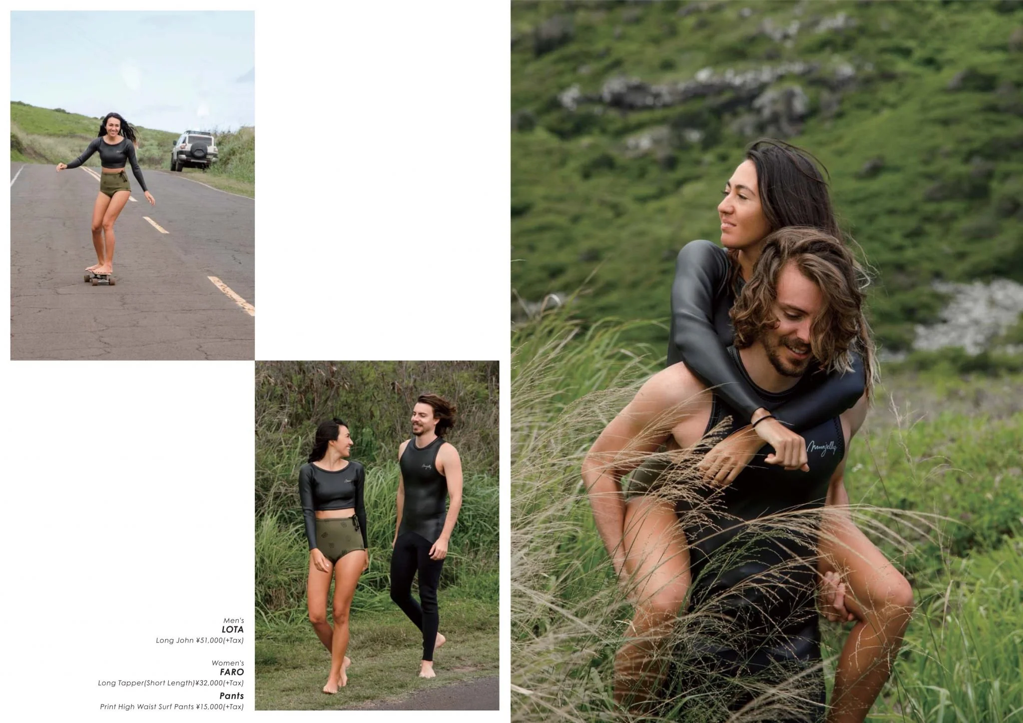 A collage of three images of a young couple outdoors. The first image shows a woman skateboarding on a road with green hills and a vehicle in the background. The second image depicts the couple walking on grass, smiling at each other. The third, larg