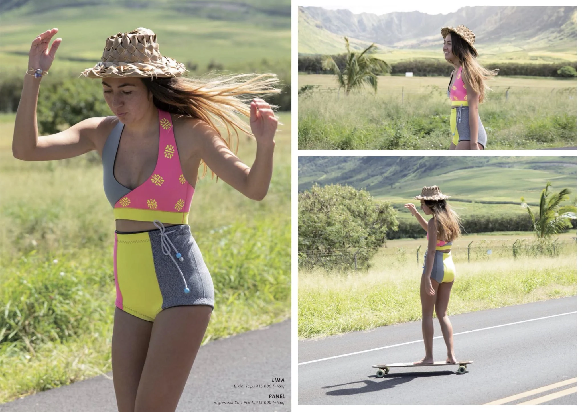 A woman wearing a colorful bikini top, high-waisted tribal print surf pants, and a straw hat, skateboarding along a rural road with lush green mountains and open fields in the background.