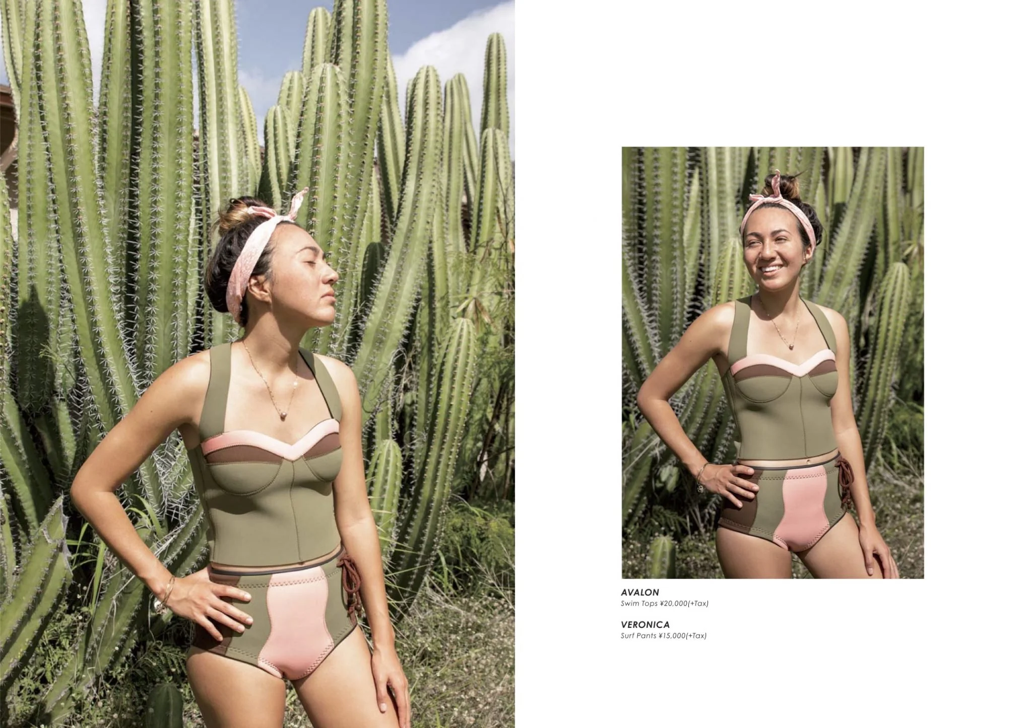 A woman wearing a green and pink swimsuit with shoulder straps, standing in front of large cacti, with one photo showing her with eyes closed and the other smiling with hand on hip. There are product details and prices for swimwear on the right side.