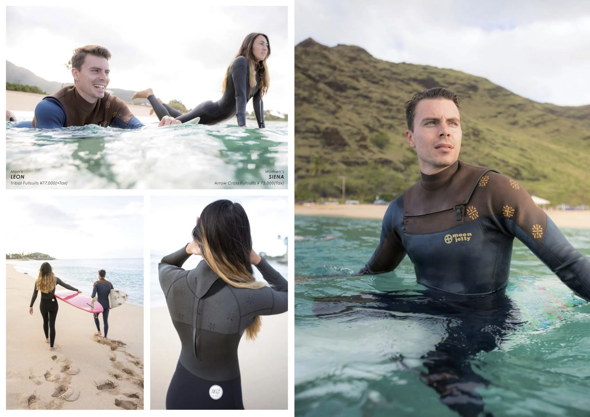 Group of people at the beach, some in wetsuits, with mountains and ocean in the background. One man is in the water wearing a wetsuit with a logo, and two women are carrying surfboards.