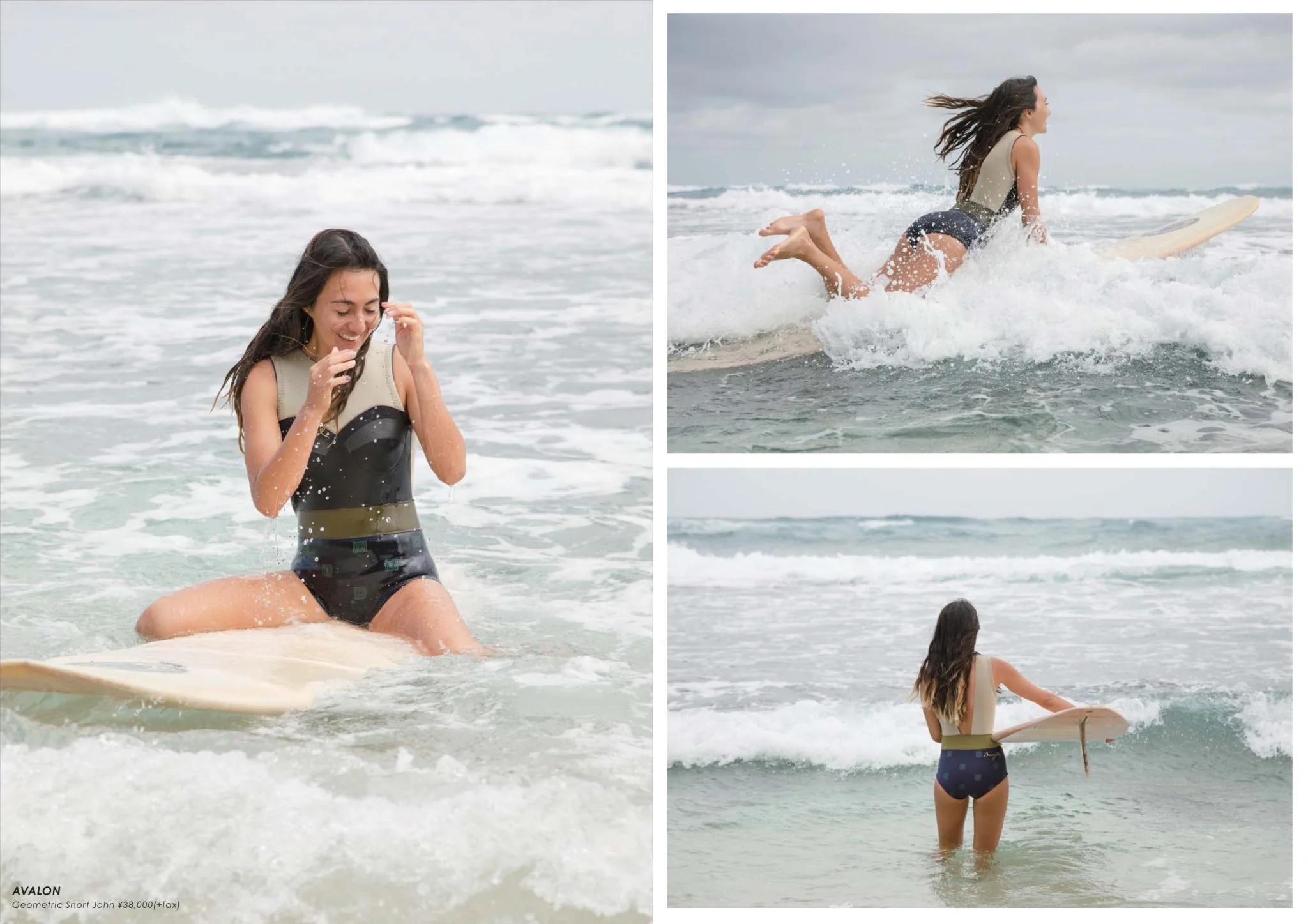 A woman at the beach with a surfboard, enjoying the ocean waves. In the left image, she is kneeling in the water smiling and adjusting her hair. In the top right, she is riding a wave on her surfboard, and in the bottom right, she is standing in the 