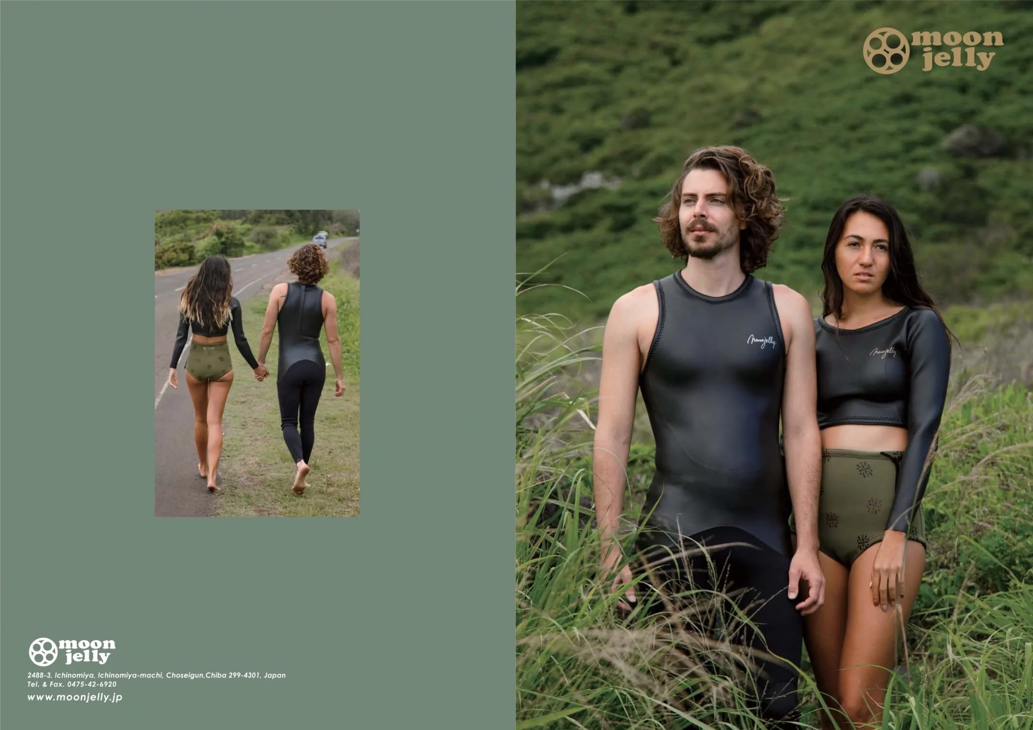 Two women and one man walk through a grassy field holding hands, wearing matching sleeveless black tops with 'moon jelly' logos. They are outdoors on a cloudy day, surrounded by greenery, with one woman in shorts and the other in pants.